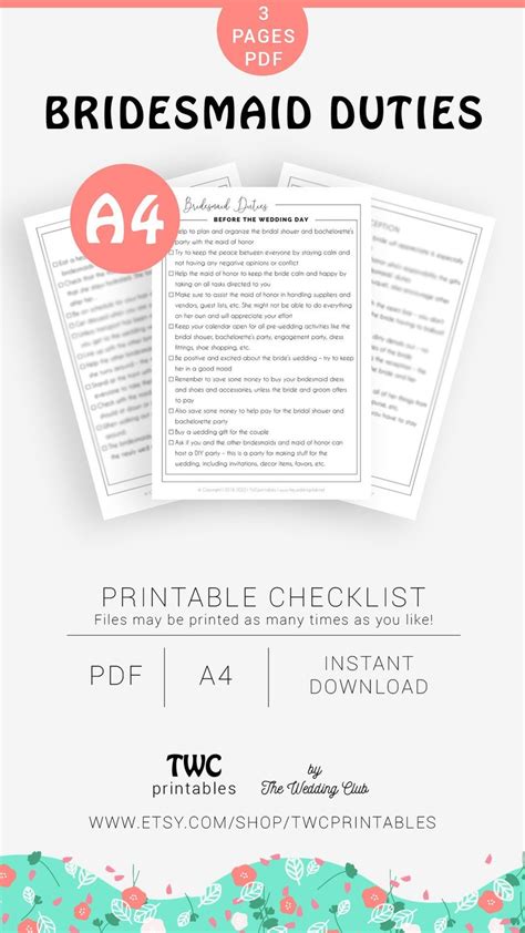 Bridesmaid Duties minimalist/plain checklist printable to | Etsy