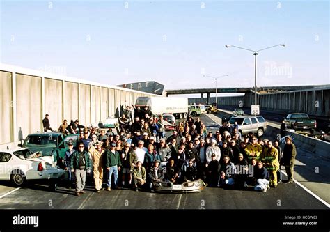 THE MATRIX RELOADED, The Wachowski Brothers and crew, filming the freeway chase scene, 2003, (c ...