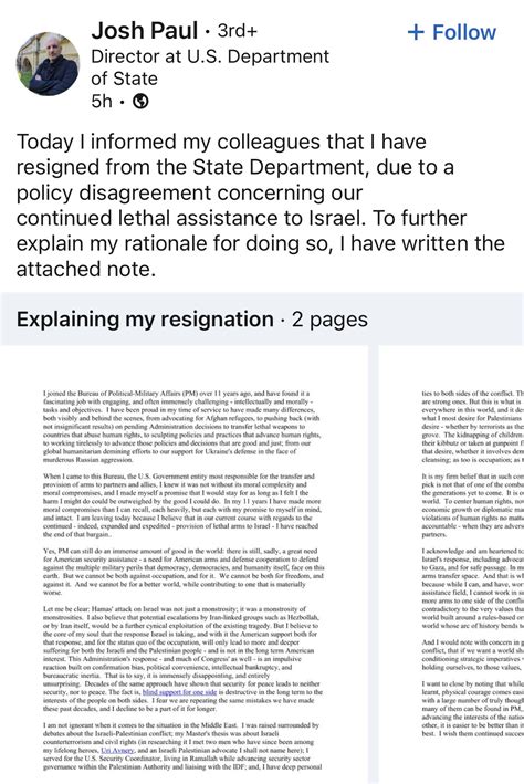 Protesting US arms shipments to Israel, Director, US State department, Josh Paul, resigns ...