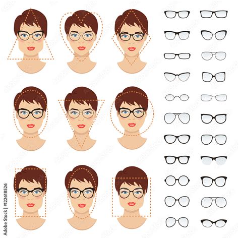 Woman eyeglasses shapes for different women face types - square, triangle, circle, oval, diamond ...