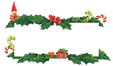 Christmas holly border with gnome and candy canes and gifts, watercolor illustration 13666634 PNG