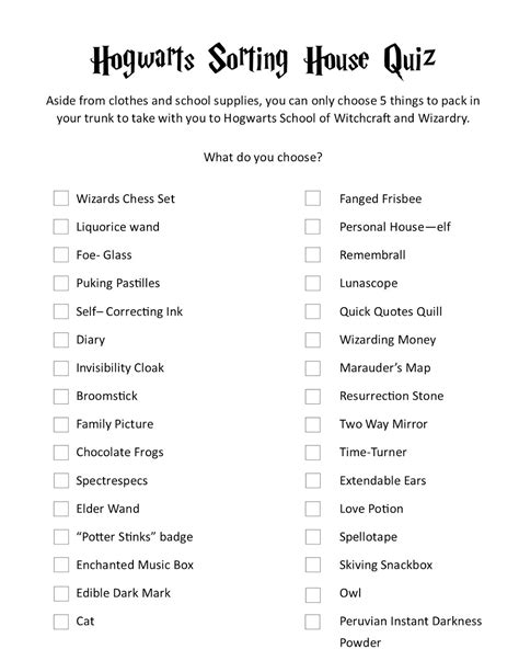 Harry Potter House Sorting Quiz Printable