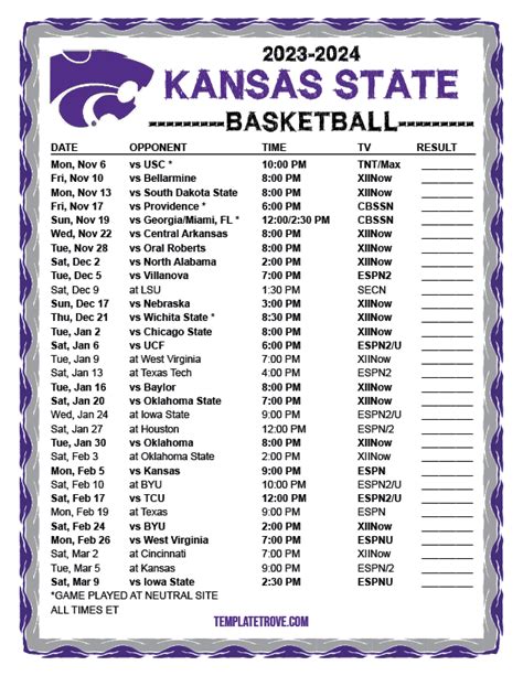 Printable 2023-2024 Kansas State Wildcats Basketball Schedule