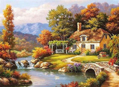 Country Cottage - Paint-By-Numbers Set | Pinkstrawberry | Cottage art, Scenery paintings ...