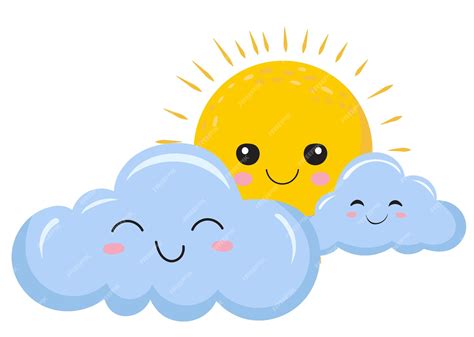 Dibujos animados de nubes y sol en el vector de fondo blanco | Vector Premium