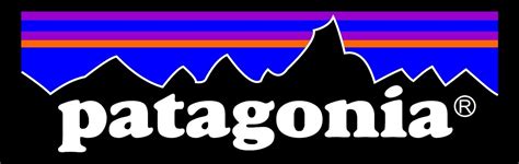 the patagonia logo is shown in black and white with an orange, purple, and blue stripe