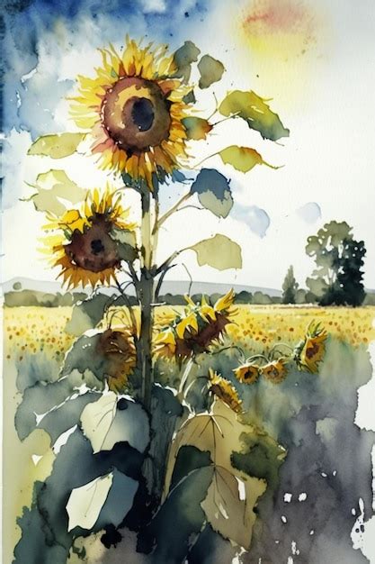 Premium Photo | A watercolor painting of a sunflower in a field.