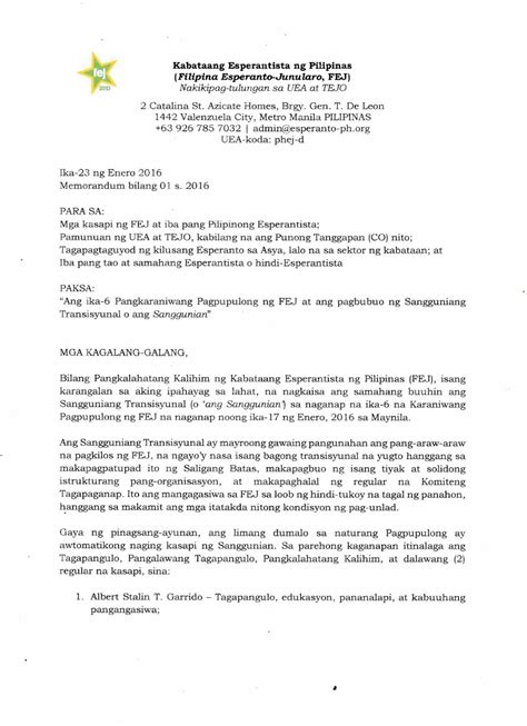 Memorandum 01 s 2016 'Ang Sangguniang Transisyunal ng FEJ' by Filipina Esperanto-Junularo - Issuu