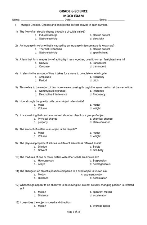 Science Grade 6 MOCK EXAM - GRADE 6-SCIENCE MOCK EXAM Name: Date: Score ...