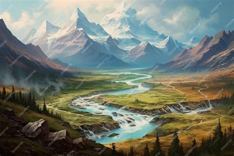 Premium AI Image | A painting of a mountain landscape with a river