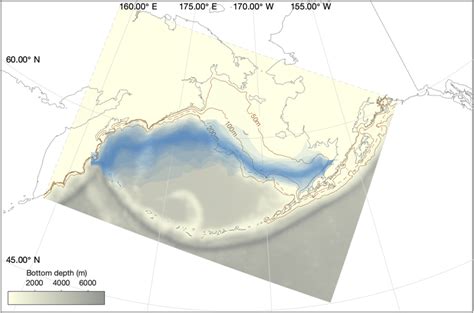 Map of the Bering Sea region, with bathymetry from the Bering10K model ...