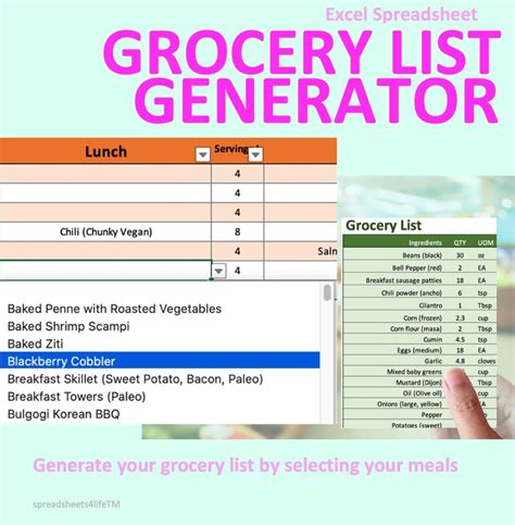 Meal Plan Excel Template - Grocery List Generator