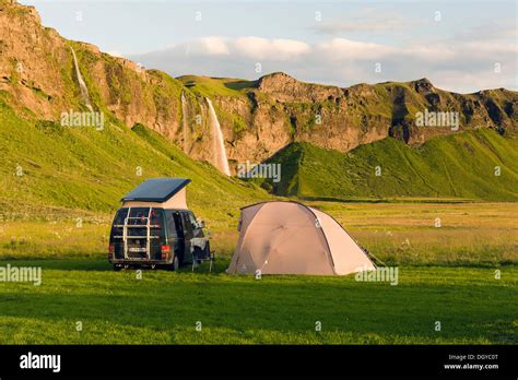 Camping at Seljalandsfoss waterfall, southern Iceland, Europe Stock Photo - Alamy