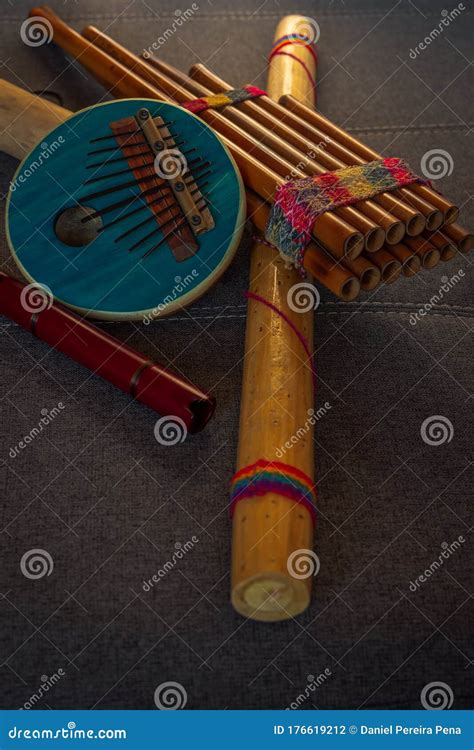 Peruvian Instruments Handmade in Peru on a Sofa. Concept of Traditional Andean Music Stock Photo ...