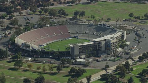 7.6K stock footage aerial video orbiting Rose Bowl Stadium to the entrance, Pasadena, California ...