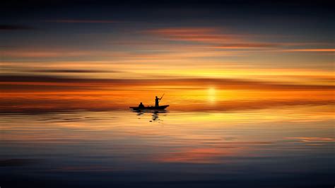 Wallpaper Sunset, sea, boat, silhouette 2560x1440 QHD Picture, Image