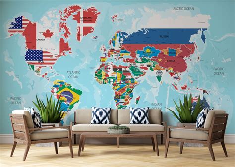 Worldmap Wallpaper World Map With Flag of Country Peel and - Etsy