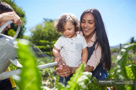 Mother and toddler son gardening in sunny vegetable garden — watering can, organic - Stock Photo ...