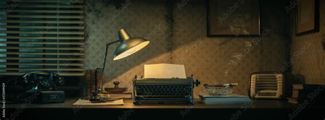 Vintage film noir office desk with old typewriter Stock Photo | Adobe Stock