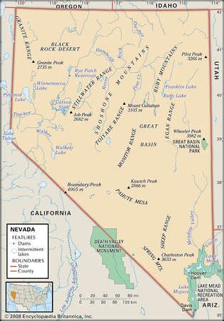 Stock Illustration - Physical map of the state of Nevada showing major ...