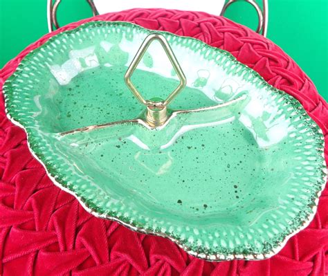 Vintage Retro Pottery Serving Candy Dish MCM California Green Gold Handle 1950s 1960s Mid ...