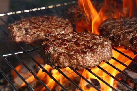 Beef Burger For Hamburger On Barbecue Flame Grill Stock Photo - Download Image Now - iStock