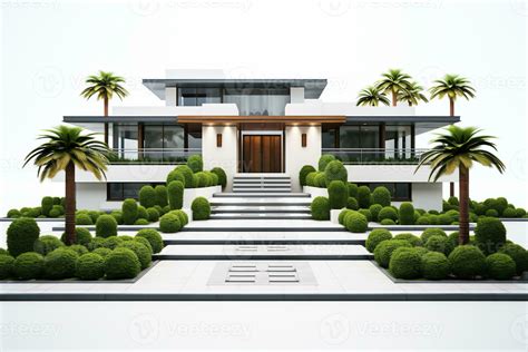 Front view of a isolated modern house with a big lawn. white background ...