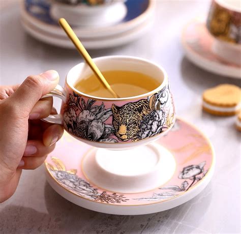 Jungle Tiger Cheetah Porcelain Tea Cups, Creative Ceramic Cups and Sau ...