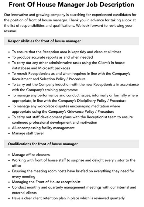 Front Of House Manager Job Description | Velvet Jobs