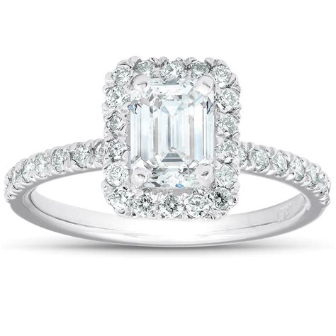 1 1/2 Ct Emerald Cut Diamond Halo Engagement Ring 14k White Gold ...