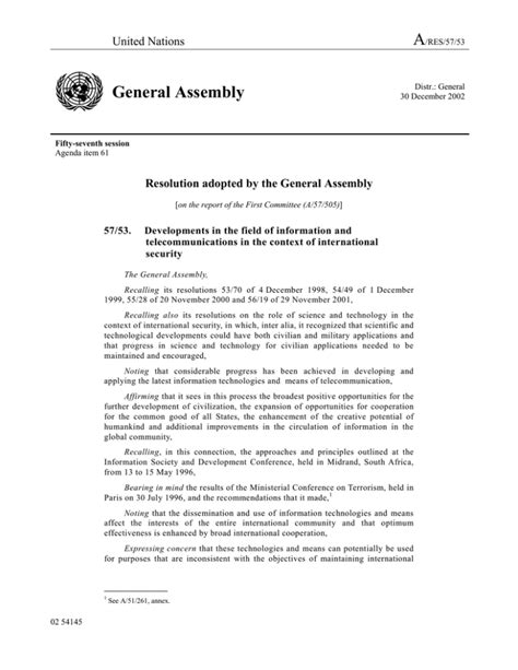 A General Assembly United Nations Resolution adopted by the General ...