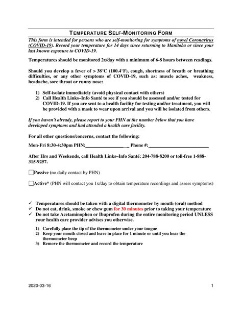 Covid-19 Temperature Self-monitoring Form - Fill Out, Sign Online and Download PDF | Templateroller