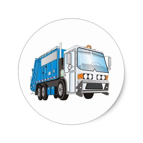 a blue and white garbage truck on a white background