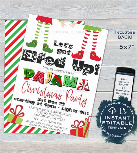 Editable Christmas Pajama Party Invitations, Adult Christmas Invite, L