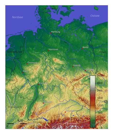 Detailed physical map of Germany | Germany | Europe | Mapsland | Maps of the World