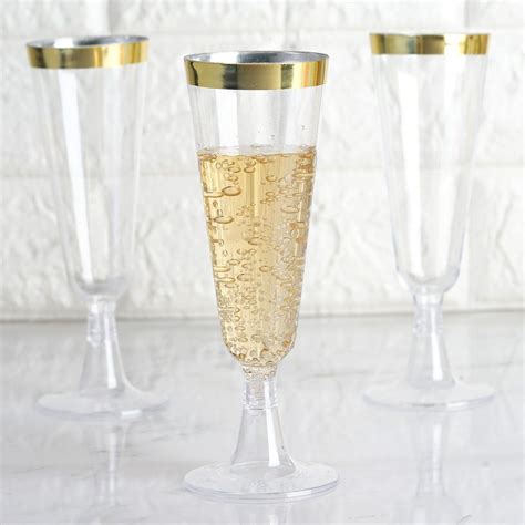 12 Pack 5oz Gold Rimmed Plastic Champagne Glasses Disposable Flutes | Detachable Base | Plastic ...