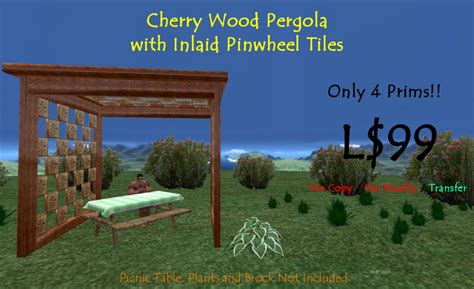 Second Life Marketplace - Cherry Wood Pergola with Inlaid Pinwheel Wooden Tiles