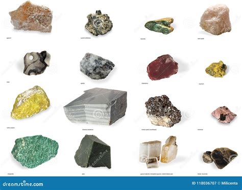 Set from Raw Minerals and Ores with Names Isolated on White Background ...