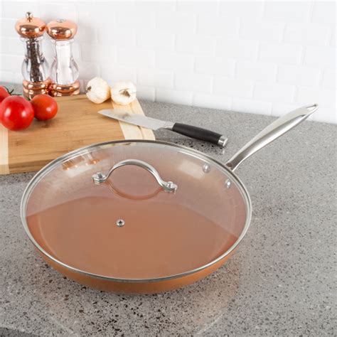 12 Inch Frying Pan with Lid Copper Finish Induction Cooking Oven Stove Top Safe | Wish