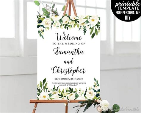 White Flowers Wedding Poster. Printable Wedding Poster. Floral Welcome Poster Template. Wedding ...