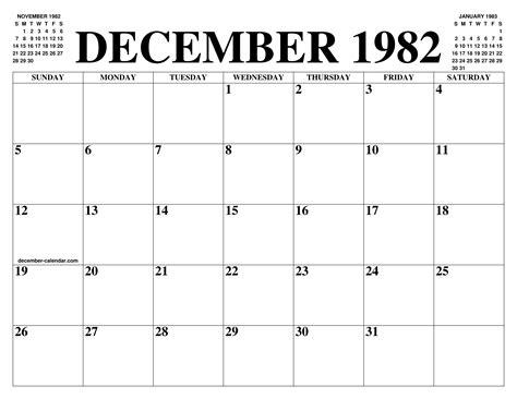 DECEMBER 1982 CALENDAR OF THE MONTH: FREE PRINTABLE DECEMBER CALENDAR ...