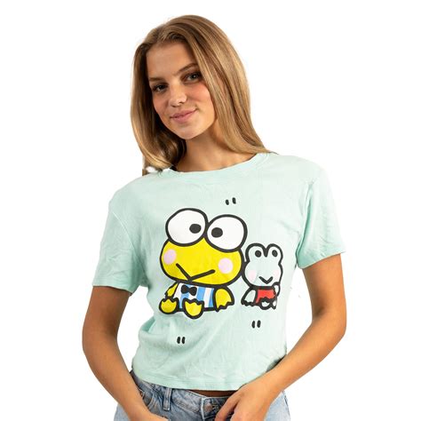 Keroppi Frog Friend Crew Neck Short Sleeve Light Green Women's Longer Crop Baby Fitted Tee ...