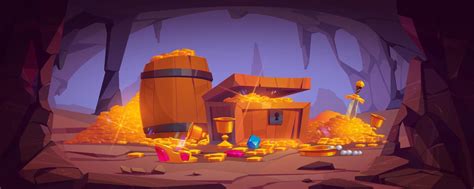 Treasure cave with gold coins in chest and barrel 15435218 Vector Art at Vecteezy