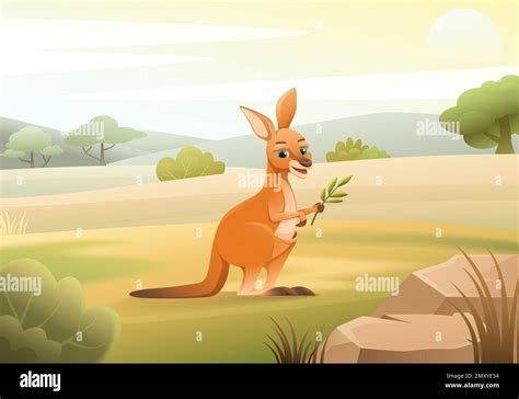 Cartoon plain landscape with cute happy little kangaroo holding green ...