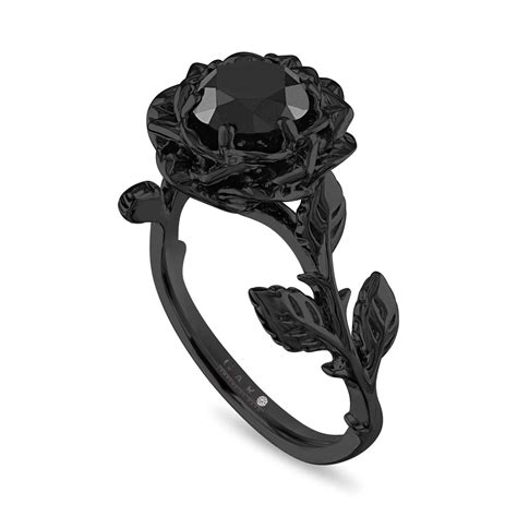 Black Diamond Floral Engagement Ring, Rose Flower Anniversary Ring, 1. ...