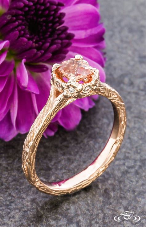 Hand Carved Rose Gold Cushion Peach Sapphire Floral Engagement Ring ...