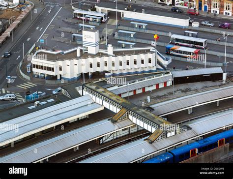 View from the Spinnaker Tower of Portsmouth Harbour railway station. Portsmouth, Hampshire ...