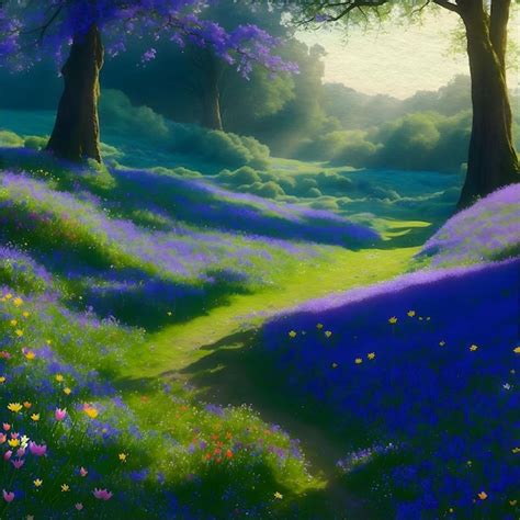 Premium AI Image | Purple Forest Painting with Beautiful Flowers