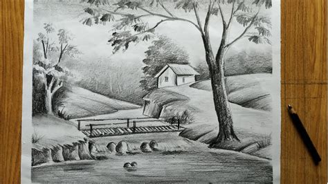 easy pencil sketch scenery drawing step by step for beginners,how to draw village scenery, - YouTube