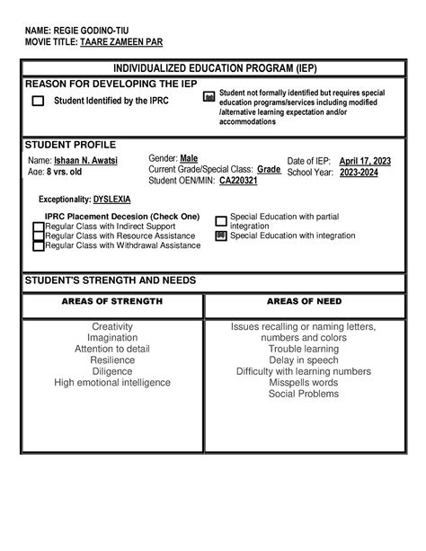 Individualized IEP Program 2 Ishaan Dyslexia - NAME: REGIE GODINO-TIU MOVIE TITLE: TAARE ZAMEEN ...